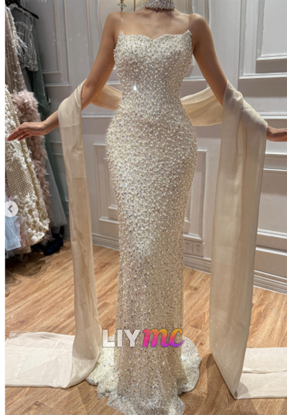 Pearl and Sequin Embellished Column Gown