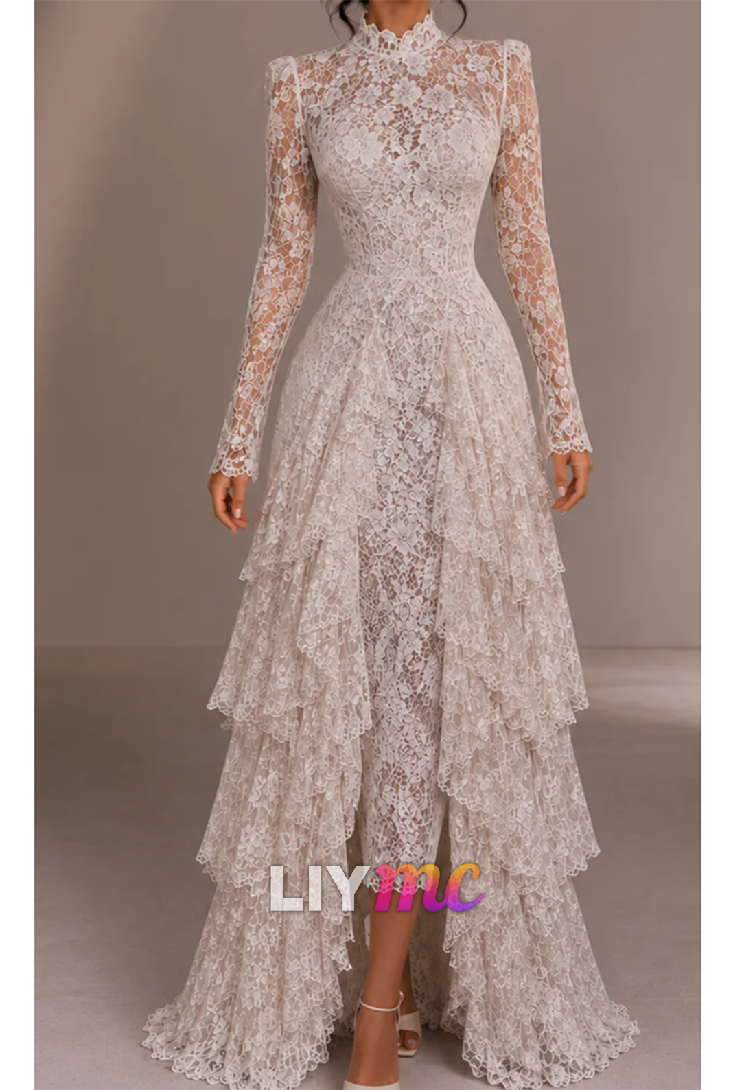 Long Sleeve Lace High Neck Tiered Ruffle Maxi Dress