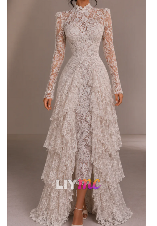 Long Sleeve Lace High Neck Tiered Ruffle Maxi Dress