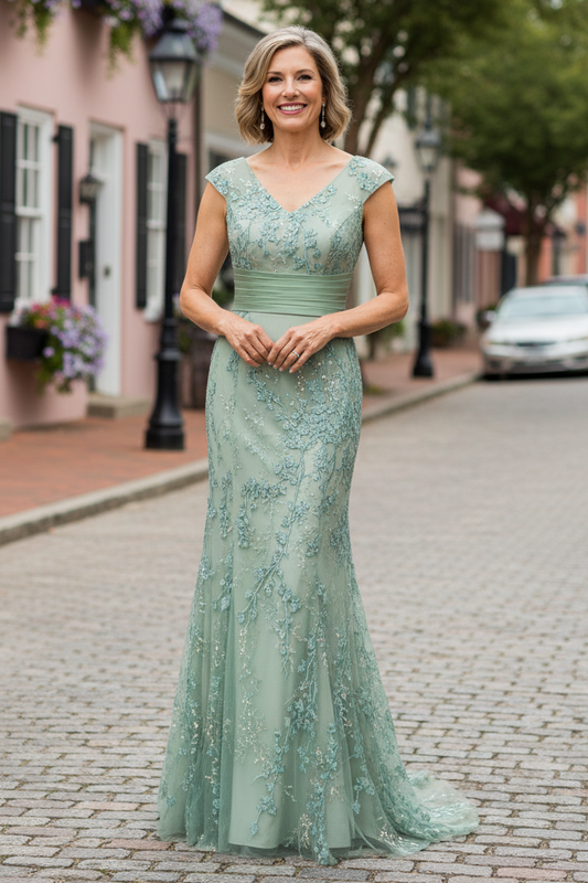 V-Neck Lace Applique Mermaid Formal Gown