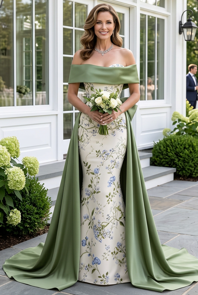 Floral Column Gown with Draped Overskirt Train
