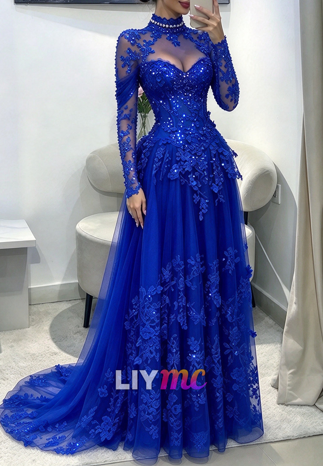 High Neck Sequin Lace Evening Gown with Train