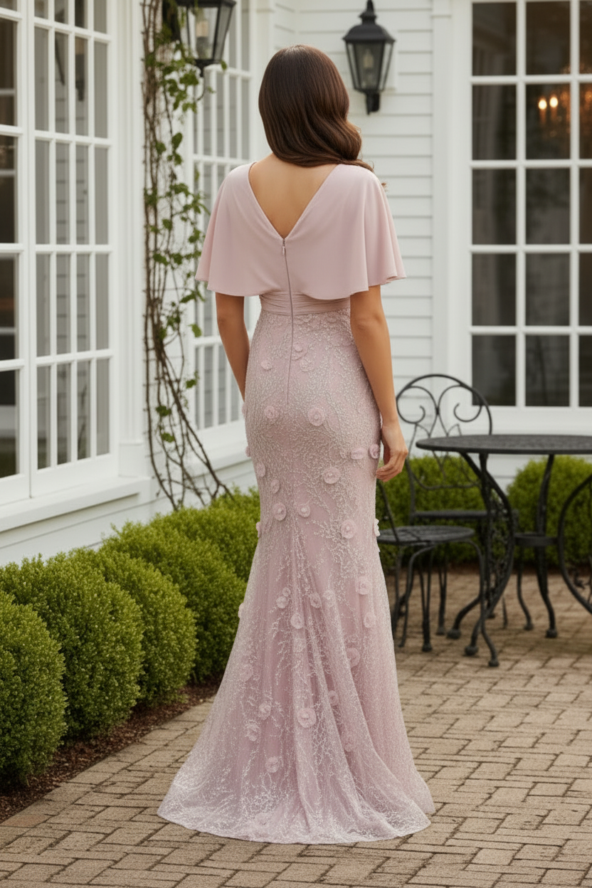 Floral Sequin Embroidered Cape Sleeve Evening Gown
