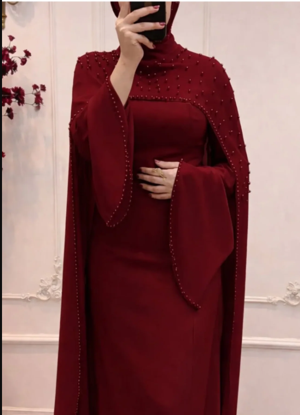 High Neck Cape Sleeve Evening Gown with Pearls