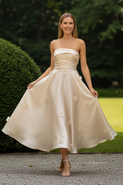 Strapless 3D Floral Applique Midi A-Line Dress