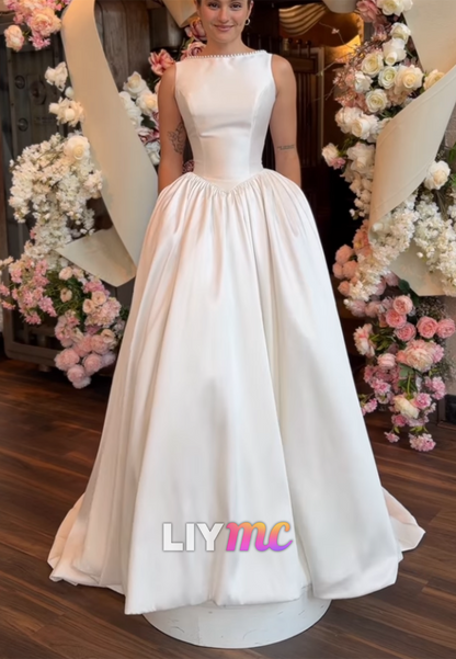 Sleeveless Satin Ball Gown with Beaded Neckline