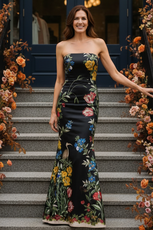 Strapless Column Maxi Dress with Floral Print