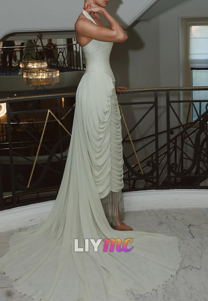 Halter Ruched Evening Gown with Fringe & Train