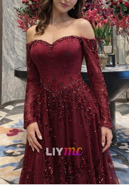 Off Shoulder Beaded Tulle A-Line Evening Gown