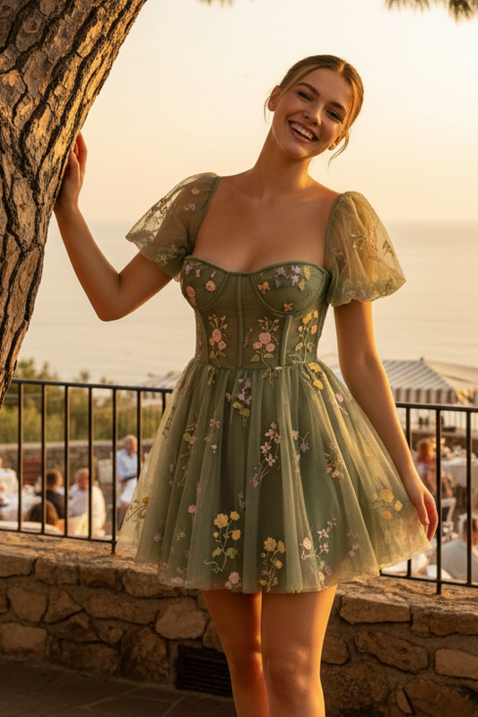 Embroidered Tulle Corset Mini Dress with Puff Sleeves
