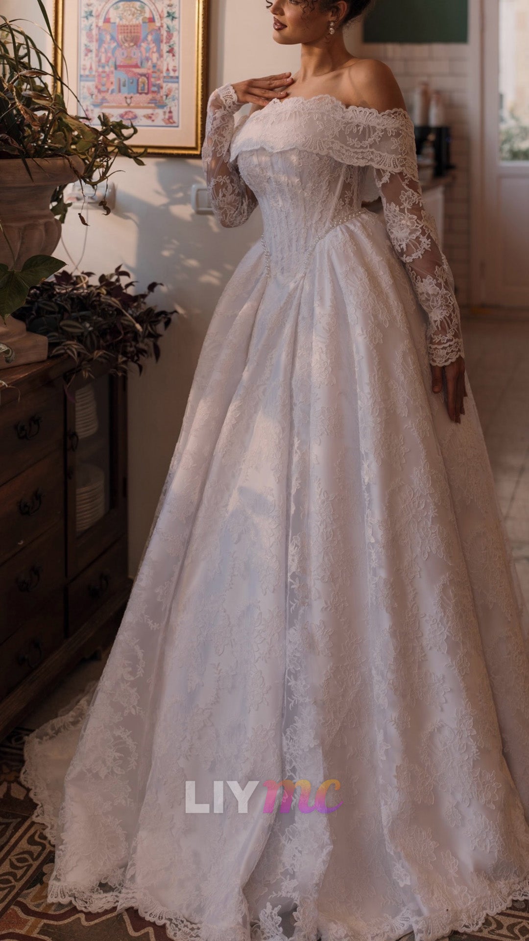 Off-the-Shoulder Lace Ball Gown Wedding Dress