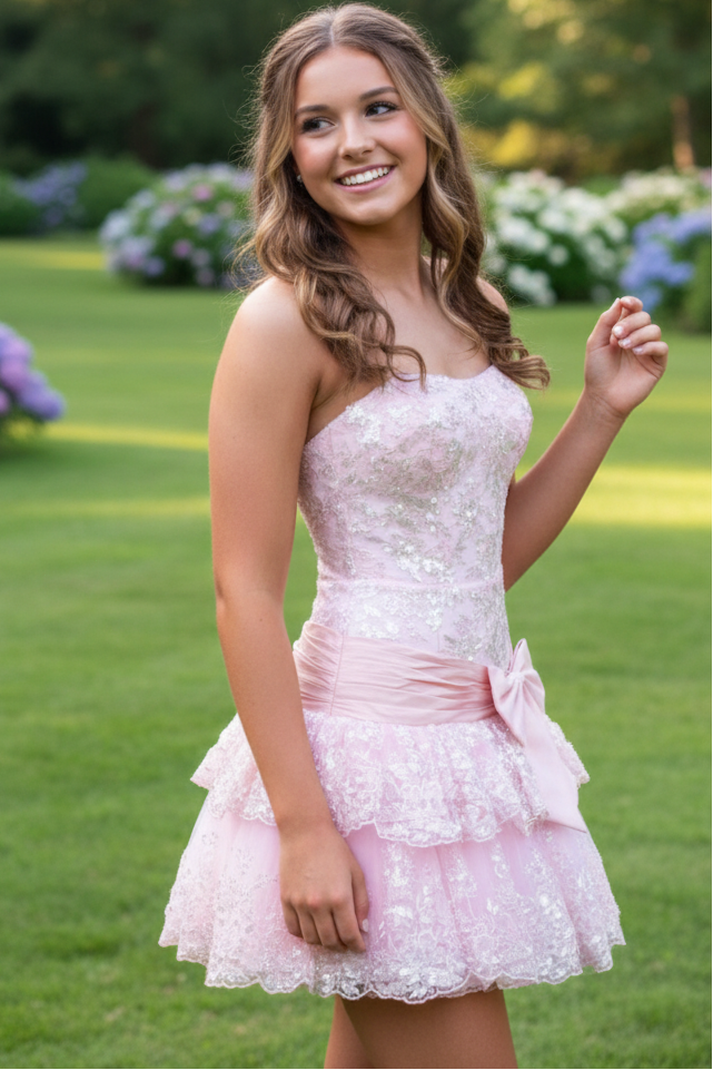 Strapless Sequined Lace Tiered Mini Dress with Bow