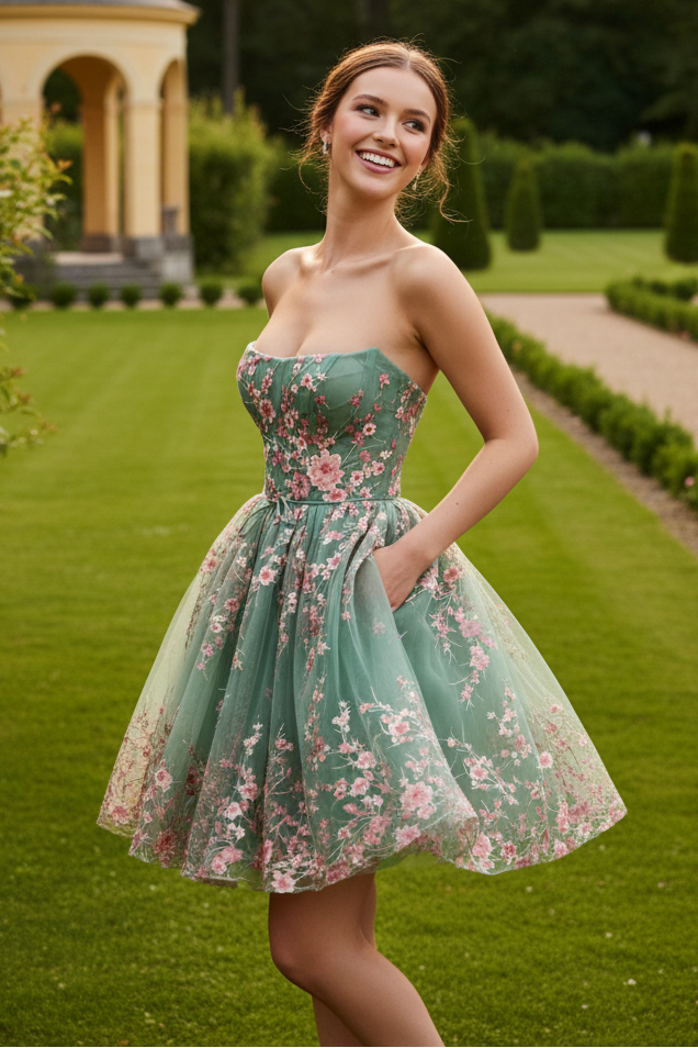Strapless Embroidered Tulle A-Line Dress with Pockets