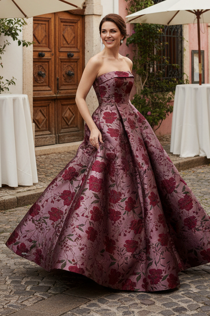 Strapless Floral Jacquard A-Line Gown with Pockets