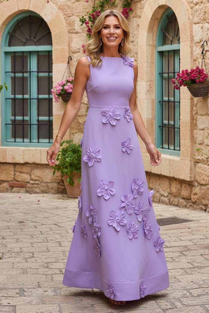 Sleeveless A-Line Maxi Dress with 3D Flowers