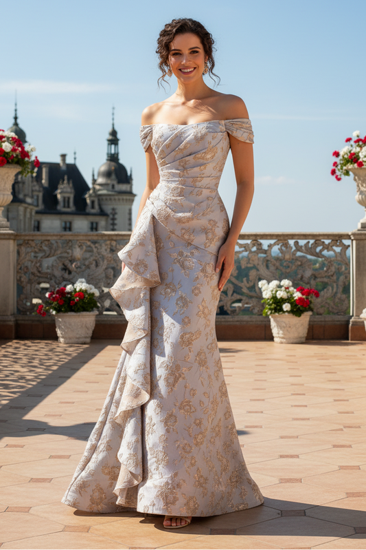 Off-the-Shoulder Metallic Floral Trumpet Gown