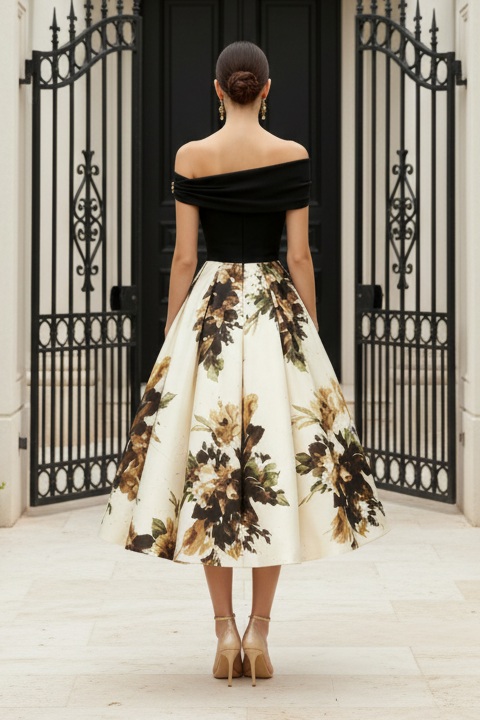 Off-Shoulder Floral Print Midi Dress with Pleated Bodice