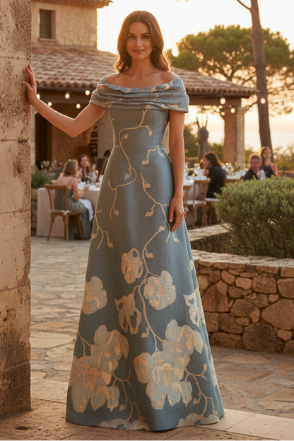 Off-Shoulder Floral Jacquard A-Line Evening Gown