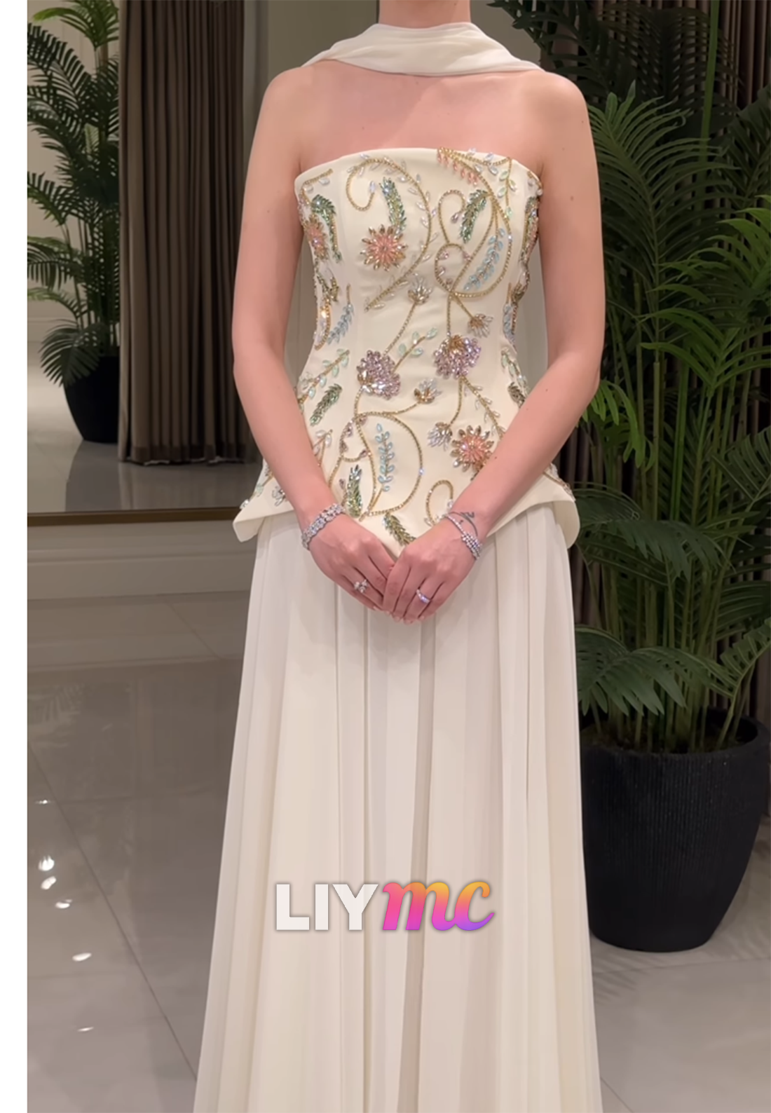 Strapless Beaded Embroidered Peplum Evening Gown