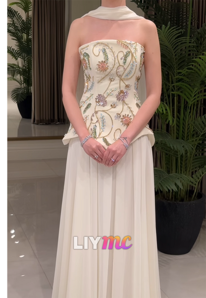 Strapless Beaded Embroidered Peplum Evening Gown