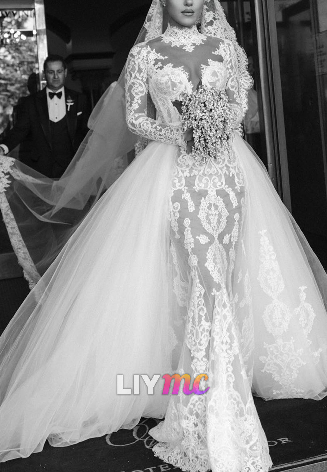 Lace Mermaid Wedding Dress with Detachable Overskirt