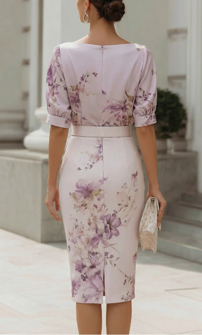 Floral Cowl Neck Midi Sheath Dress
