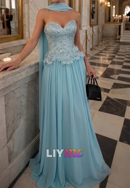 Strapless A-Line Chiffon Gown with 3D Flowers