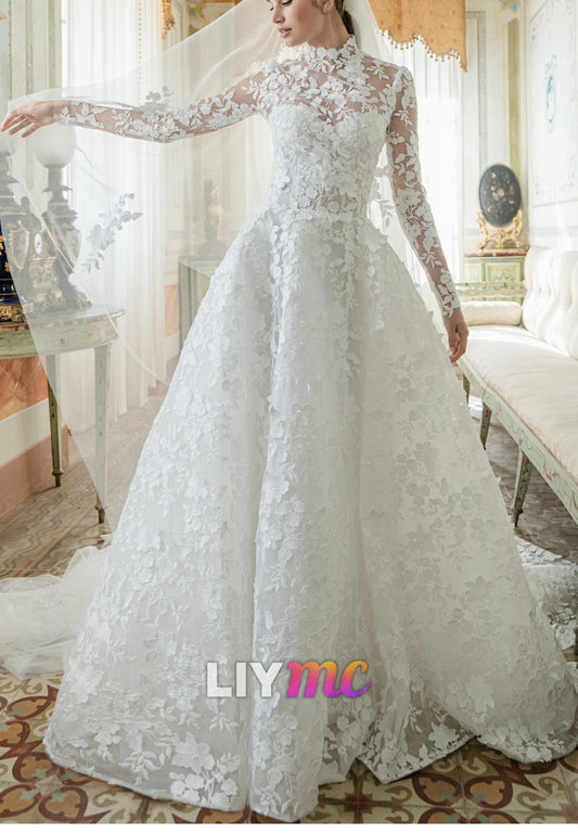 Illusion Lace Long-Sleeve Wedding Gown with High Neckline