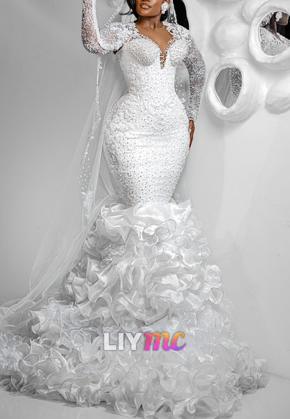 Beaded Mermaid Wedding Dress with Ruffled Train