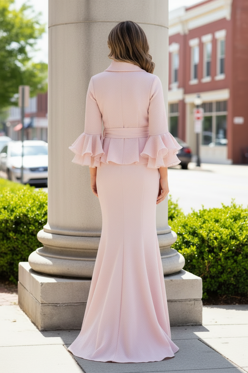 Textured Wrap Peplum Gown with Ruffled Sleeves