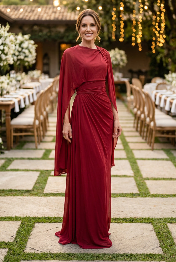 Draped Cape Sleeve Column Maxi Dress
