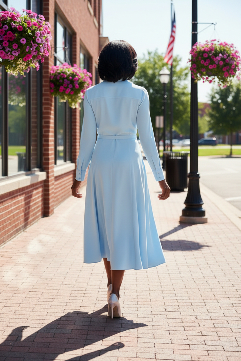 Belted Long-Sleeve Midi Shirt Dress