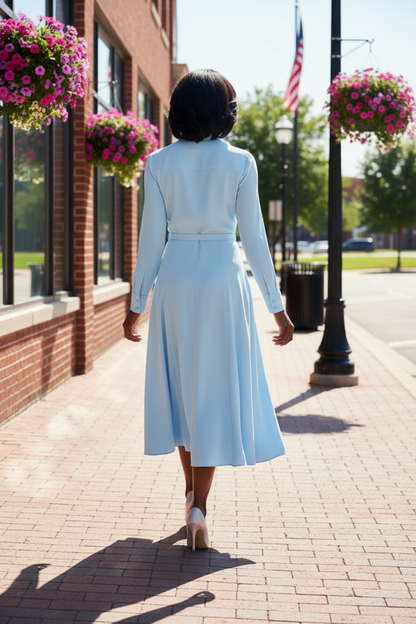 Belted Long-Sleeve Midi Shirt Dress