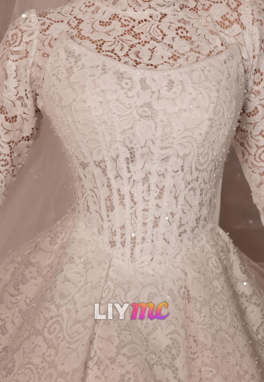 High Neck Lace A-Line Wedding Dress with Long Sleeves