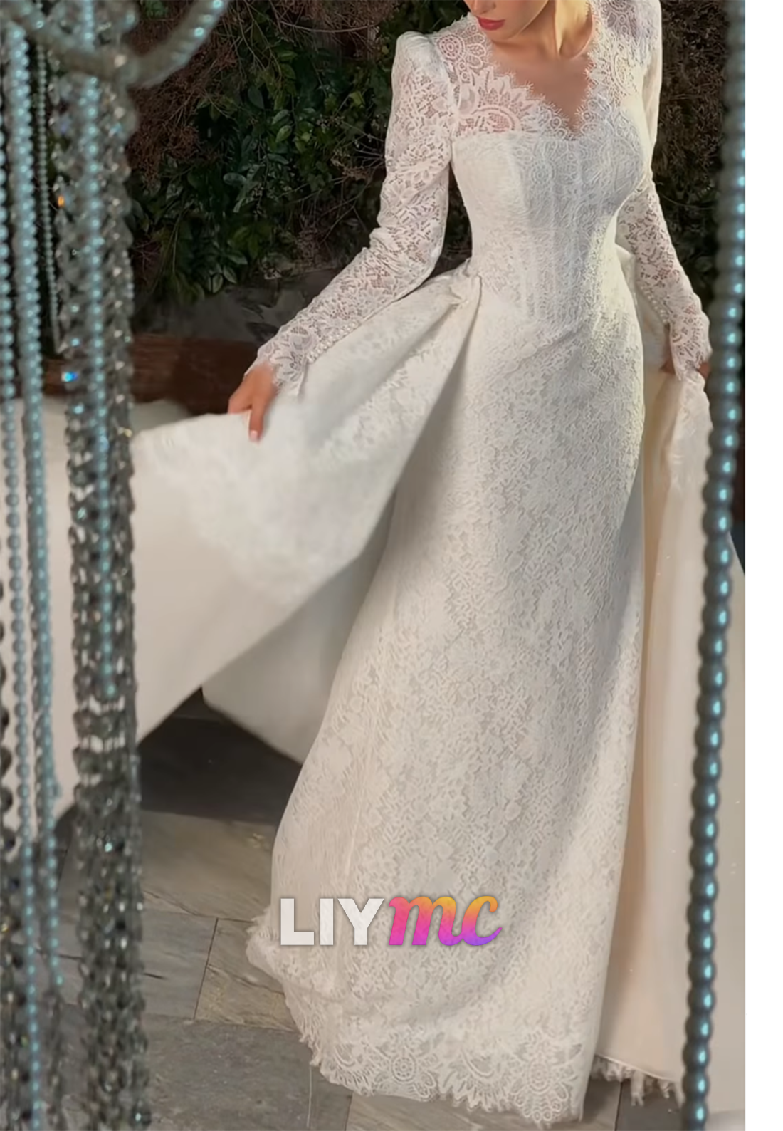 Lace Long Sleeve Wedding Dress with Overskirt