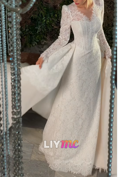 Lace Long Sleeve Wedding Dress with Overskirt