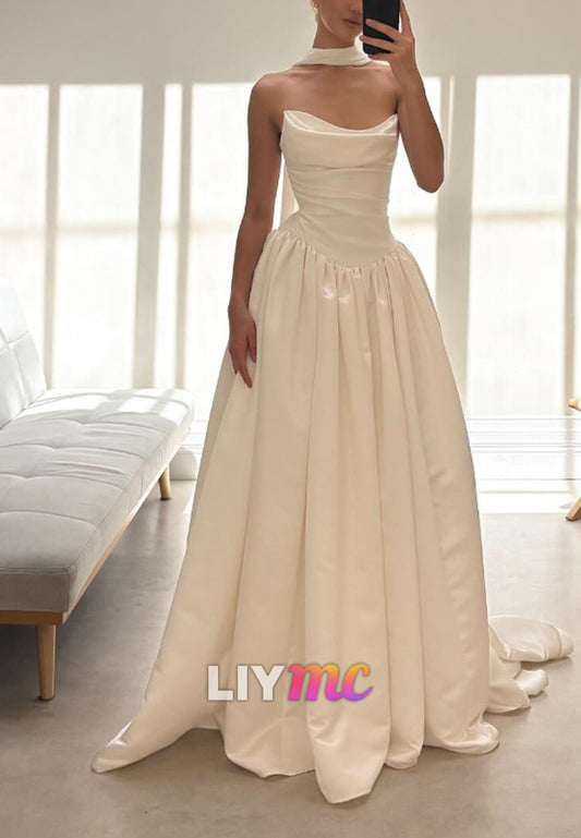Strapless Cowl Neck Satin Ball Gown Wedding Dress