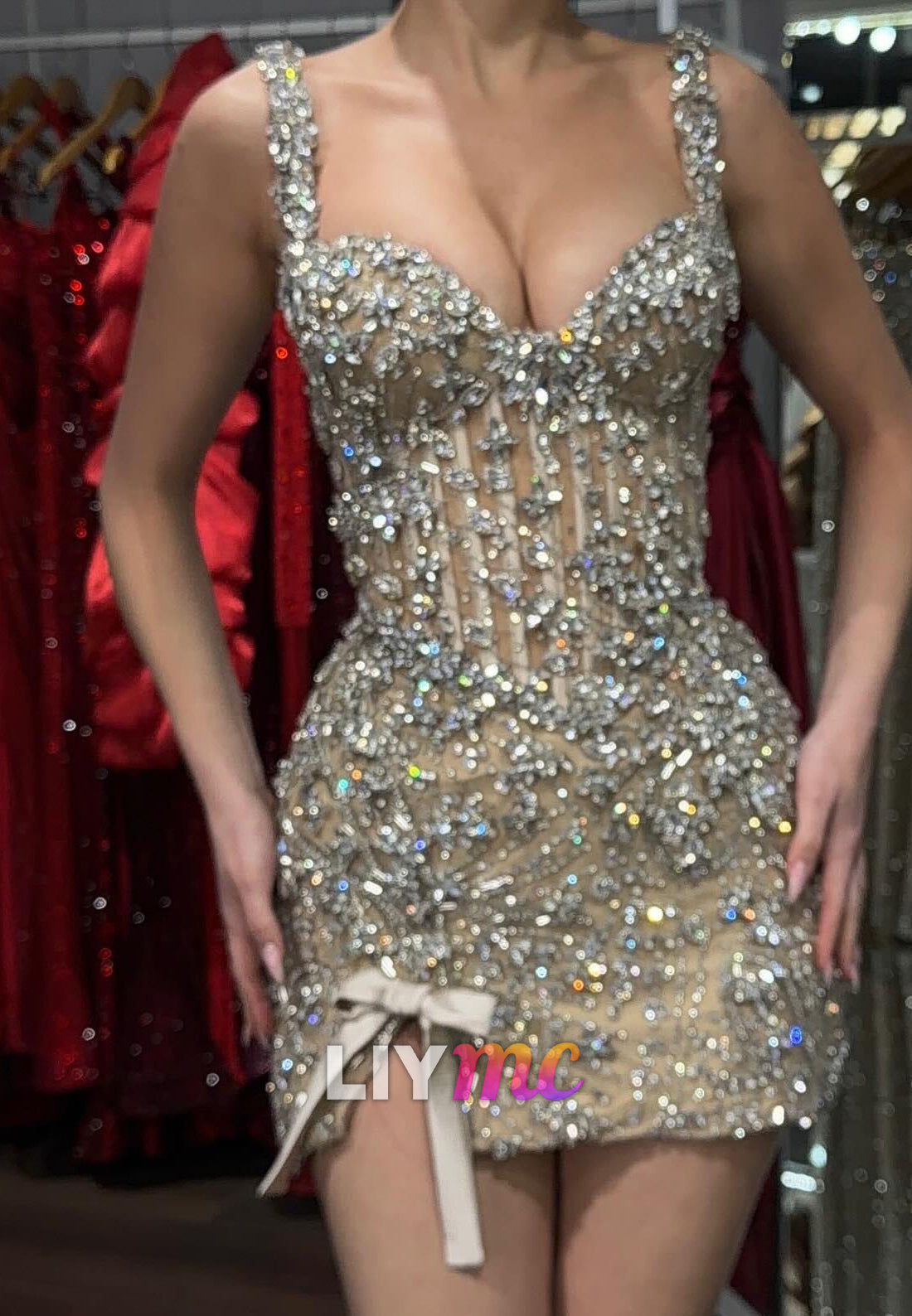 Crystal Beaded Corset Mini Dress with Bow Slit