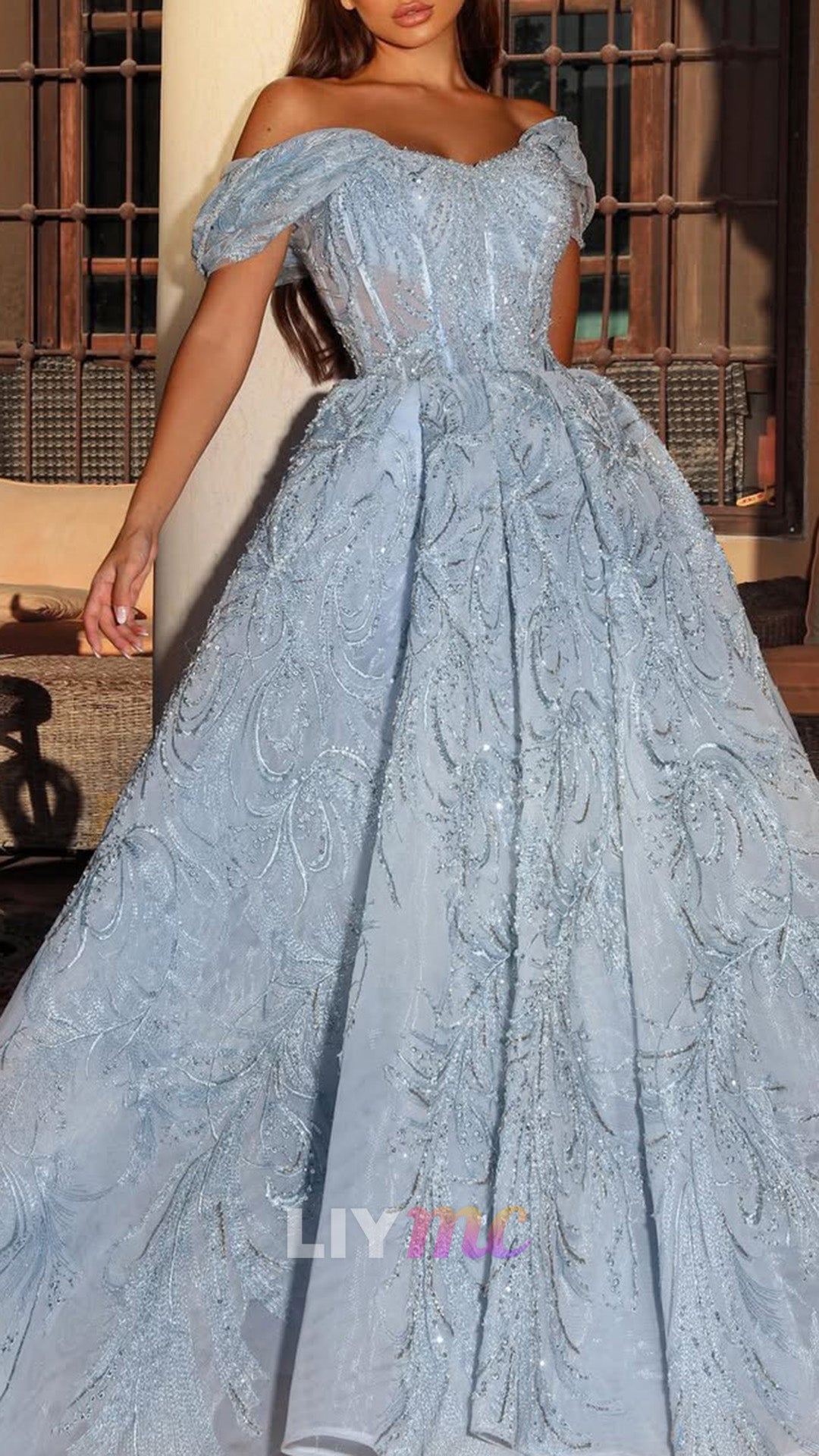 Off-Shoulder Sequin Ball Gown with Corset Bodice