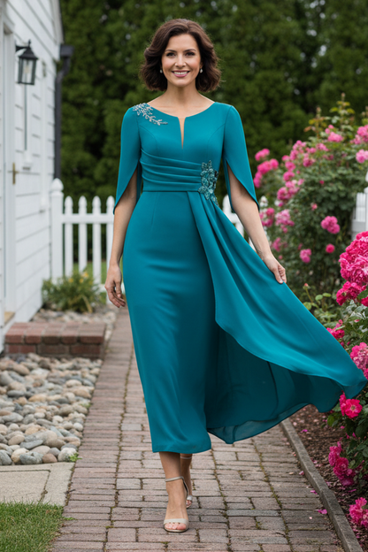 Embellished Sheath Midi Dress with Cascading Drape