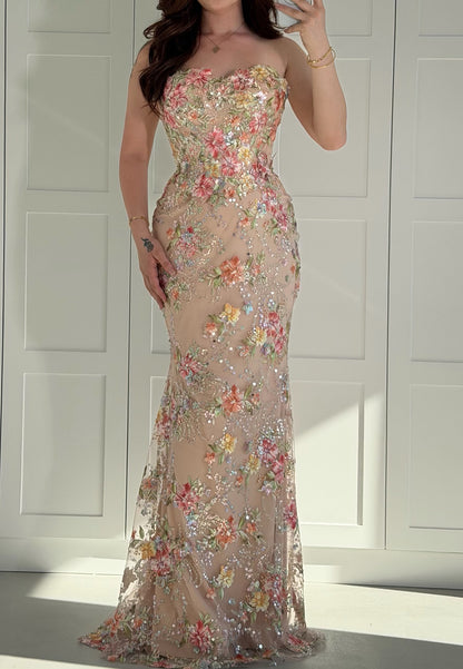 Strapless Floral Embroidered Sequin Mermaid Evening Gown
