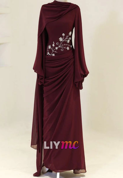 Chiffon Long Sleeve Draped Gown with Beaded Details