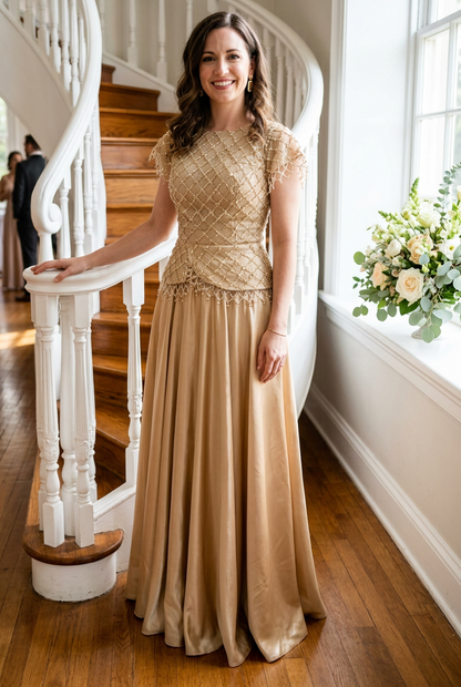 Beaded Peplum Gown with Satin A-Line Skirt