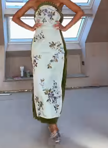 Strapless Floral Embroidered Maxi Column Dress