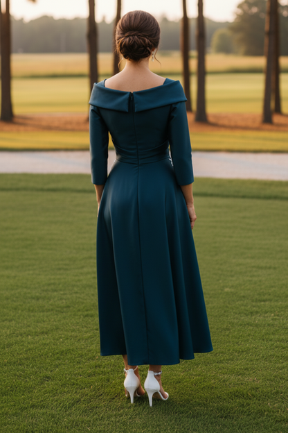 Off-The-Shoulder Satin Dress with Embroidered Waist