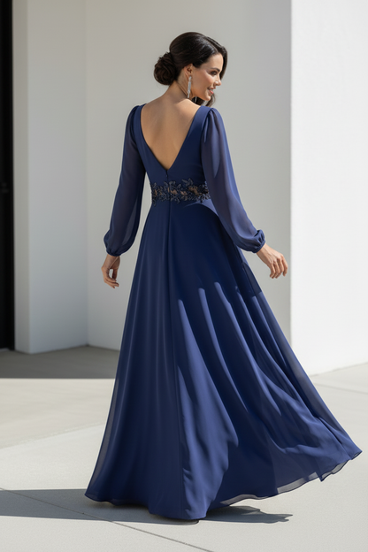 V-Neck Empire Waist Chiffon Gown with Long Sleeves