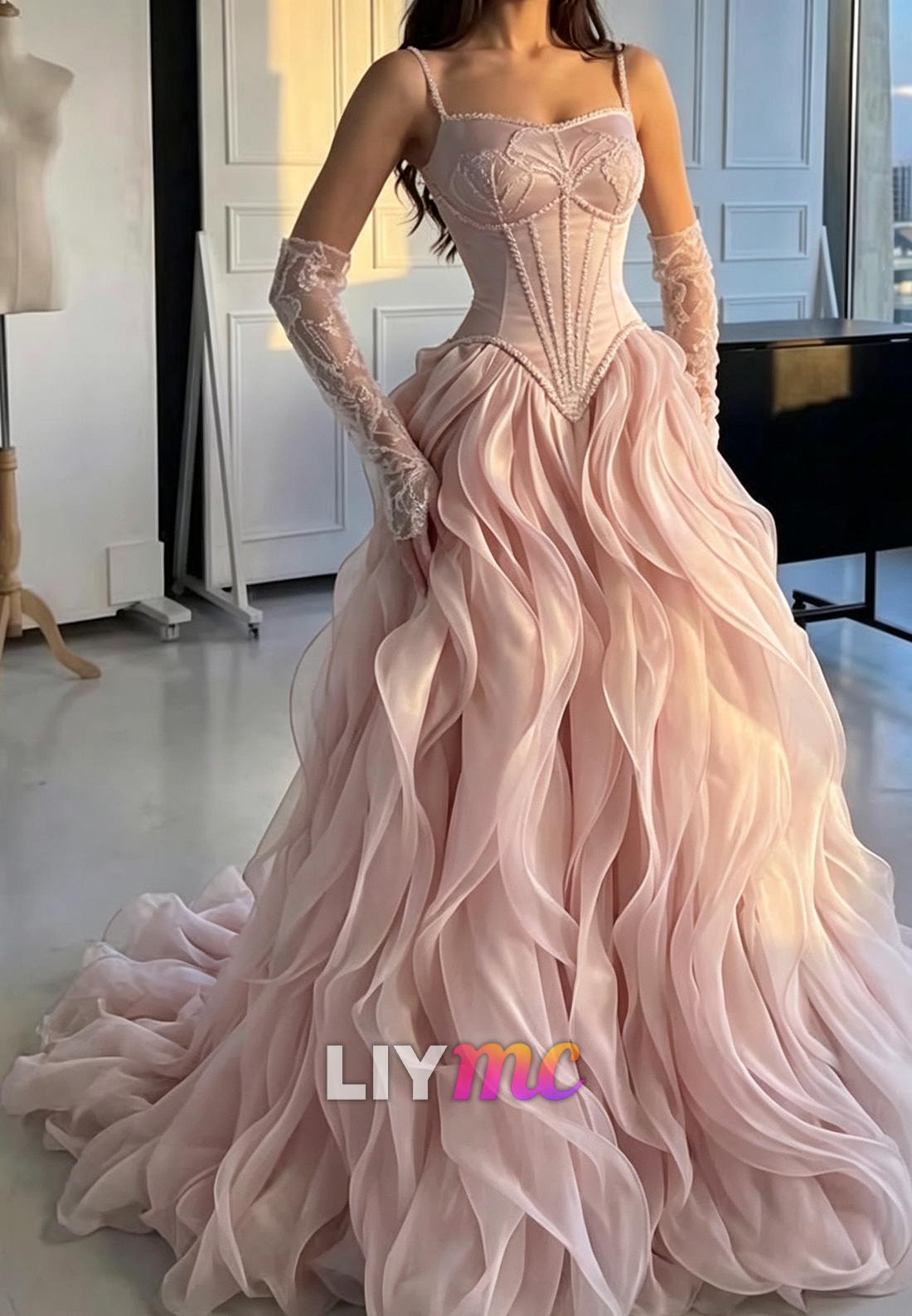 Corset Ball Gown with Cascading Ruffle Skirt