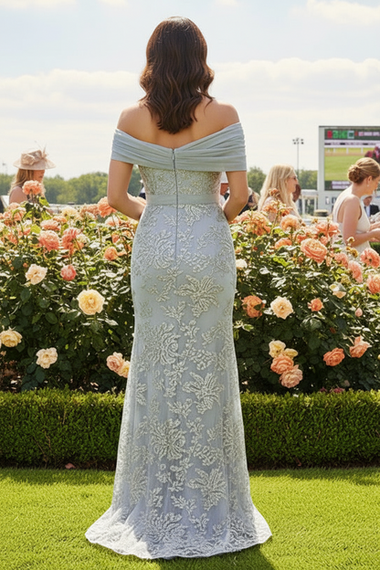 Off-the-Shoulder Metallic Lace Mermaid Gown