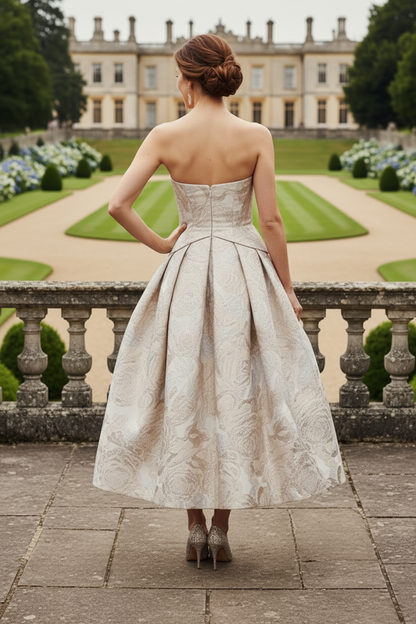 Strapless Metallic Floral Jacquard Midi Dress