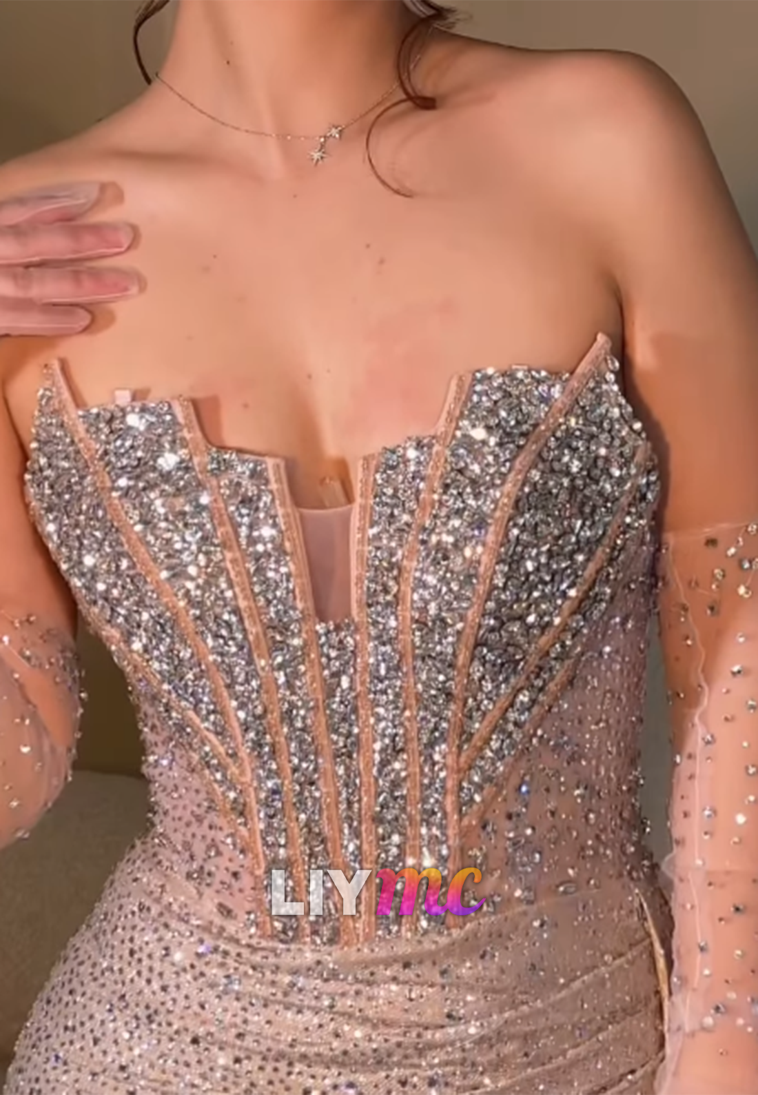 Off-Shoulder Beaded Mermaid Gown with High Slit Train